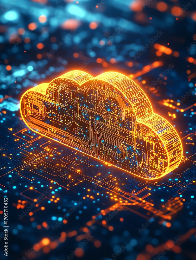 Poster a glowing yellow cloud icon filled with colorful circuit board patterns