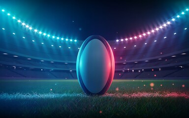 Rugby ball standing upright in a stadium illuminated by vibrant neon lights under a dark sky perfect for sports and competition imagery