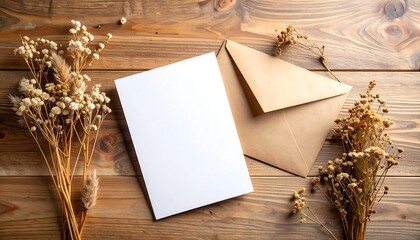 Obraz premium Blank card, envelope, and dried flowers on a wooden table