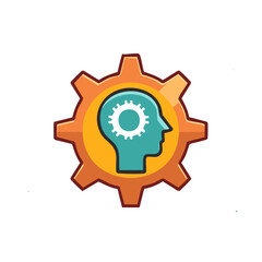 Human head profile with a gear inside surrounded by a larger gear representing thinking process and intelligence