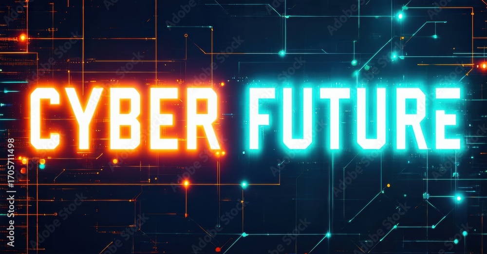 Poster bright text reads cyber future over dark digital network background. lines connect glowing points, c
