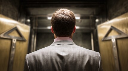 A man in a suit stands before an elevator with open doors, facing an unknown destination. Ambition, career, and business concepts abound.
