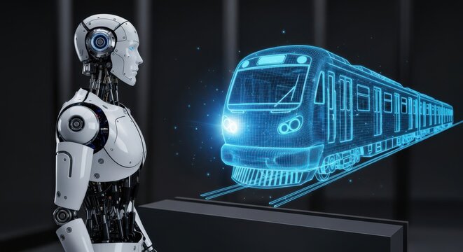 A sophisticated humanoid robot analyzes a glowing blue wireframe hologram of a