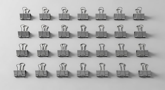 Patterned arrangement of binder clips on a neutral toned flat surface