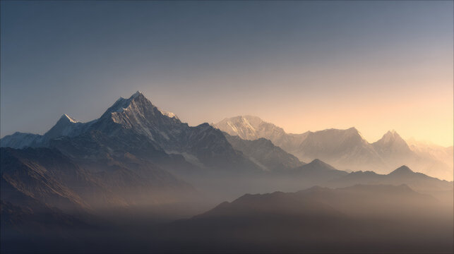 Majestic mountain peaks layered in misty blue haze at sunrise, dramatic Himalayan ridge silhouettes with atmospheric fog, epic alpine landscape panorama with golden sunlight horizon