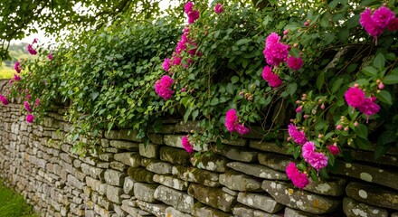 Beautiful pink roses climbing a stone wall in the english countryside