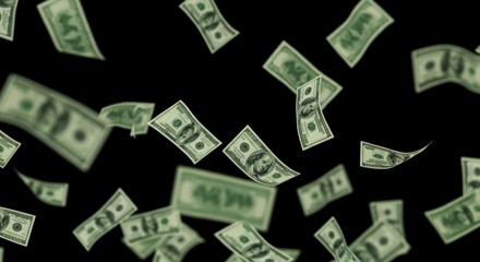 Hundred dollar bills falling against a black background, representing wealth