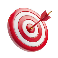 A red and white bullseye target with a red arrow piercing its center, angled slightly to the viewer's right, showcasing a glossy 3D effect
