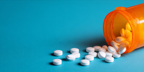Pills spill from bottle showing medication, treatment, and prevention