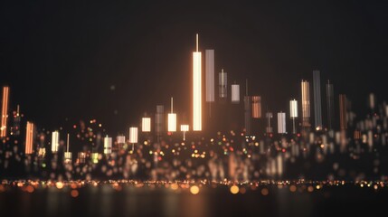 Fototapeta premium Abstract digital city skyline with glowing vertical bars, futuristic urban environment, technological advancement,