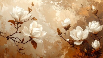White magnolia wallpaper with branches on brown texture. Elegant mural with assorted blossoms and leaves. Abstract botanical illustration for art prints.