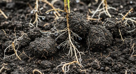 Root system of a plant in soil with water droplets, close up view