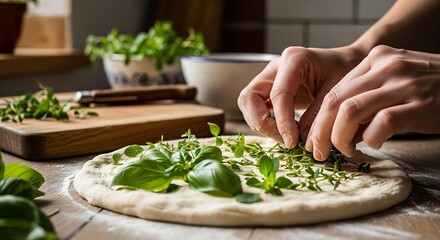 Fresh Herbs Adorn Homemade Pizza Dough, Close-Up Preparation