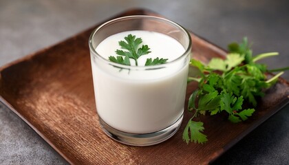 Close Up Of Summer Drink Buttermilk Or Mattha Or Chhachh Glass Garnished With Coriander Made With Milk And Curd
