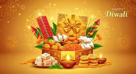 Diwali festival sweets and fireworks gift box with diya