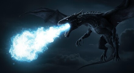 Majestic dragon breathing magical blue flame, a symbol of power and fantasy for mythical creatures