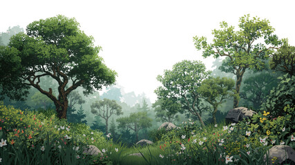 Serene Misty Forest Path Lush Greenery and Tranquil Landscape