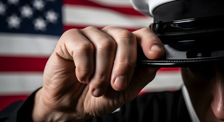 A close-up of a sailor adjusting his hat with the American flag blurred in the background.