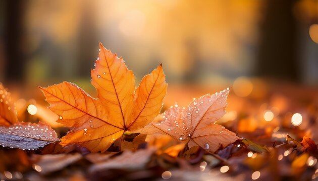 Close Up Of Dewy Autumn Leaves On Ground With Soft Natural Light And Colorful Background