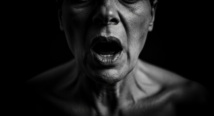 Monochrome portrait of a screaming face conveying anger or distress in darkness