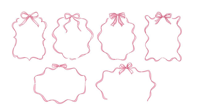 Bow and ribbon wave frames set, hand drawn wavy edges frame, decoration illustration. greeting, wedding invitations, birthday party, gift, valentines day, element card design	