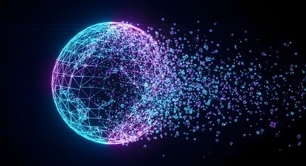 Digital globe disintegrating into particles, abstract technology concept.