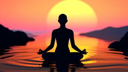 Silhouette of a person meditating in lotus position at sunset, a serene and peaceful scene promoting relaxation and mindfulness