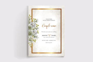 WEDDING INVITATION FRAME WITH FLOWER DECORATIONS AND FRESH LEAVES