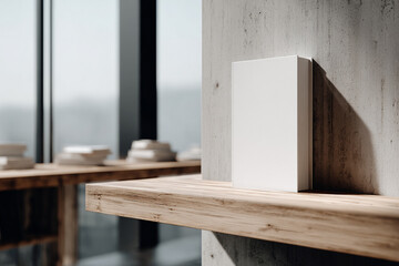 Hardcover book standing upright on a wooden shelf, blank cover for design, natural light