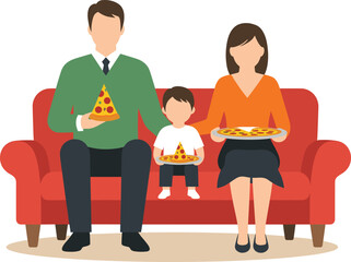 Family eating pizza together on sofa, parents and child enjoying fast food, family dinner illustration, happy lifestyle, flat design vector