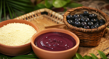 Image of pure Açaí, in the North region of Brazil, accompanied by cassava flour. Tradicion