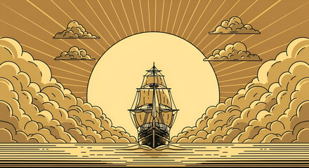 Monochromatic seascape featuring an old vessel navigating through stormy waves at sunrise