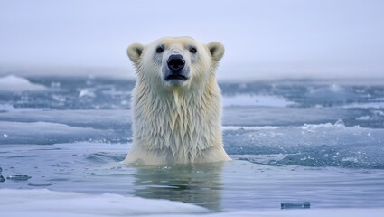 Naklejka premium Majestic Polar Bear Emerging from Icy Arctic Waters: Powerful, Serene, and Dramatic Wildlife Photography.