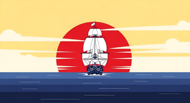 Sailboat sailing towards a vivid sunset on the sea, showcasing adventure and freedom in cartoon