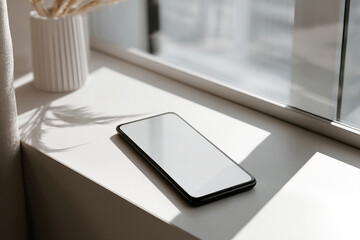 Modern smartphone lying on a white desk, blank screen for app or UI design, natural daylight, ultra-realistic reflections