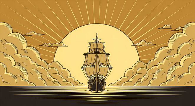 Timeless adventure illustration of a ship sailing into the radiant sun amidst fluffy clouds - Powered by Adobe