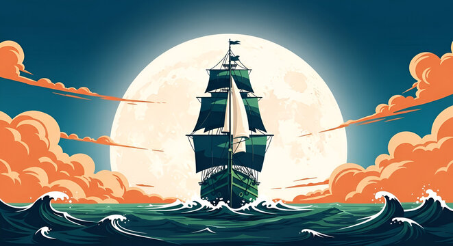 Majestic ship sailing through moonlit seas under a starlit sky with billowing clouds - Powered by Adobe