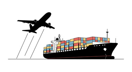 Global shipping transport and logistics: Airplane with container ship seamless coordination
