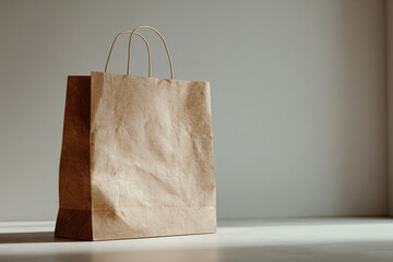Paper shopping bag standing upright on a neutral surface, blank space for branding, ultra-realistic paper texture and shadows