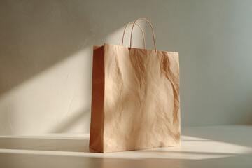 Paper shopping bag standing upright on a neutral surface, blank space for branding, ultra-realistic paper texture and shadows