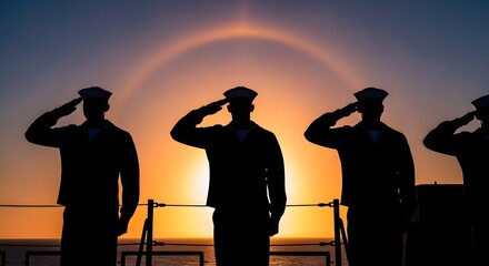 Silhouette of US Navy sailors saluting at sunset, displaying respect and honor.