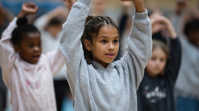 A group of children practicing dance in a studio. A young mixed-race girl with braided hair raises her arms. Other children are visible in the background. - Powered by Adobe