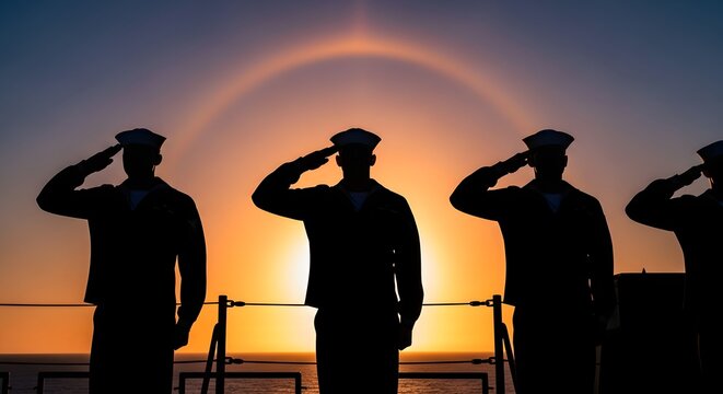 Silhouette of US Navy sailors saluting at sunset, displaying respect and honor.