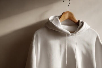 Plain hoodie hanging on a wooden hanger, blank area for logo or print, neutral beige wall background