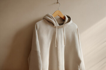 Plain hoodie hanging on a wooden hanger, blank area for logo or print, neutral beige wall background