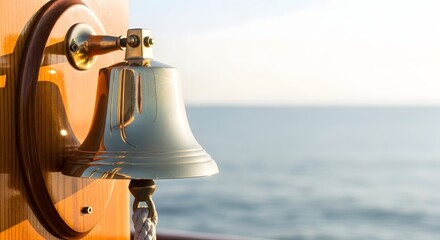 Close-up of a shiny brass ship's bell with a wooden mount, facing the ocean. © Afif