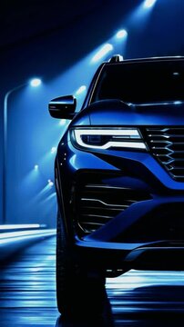 A dark blue SUV vehicle with headlights on is illuminated against the background of darkness captures the sleek lines and design details of the automobile.