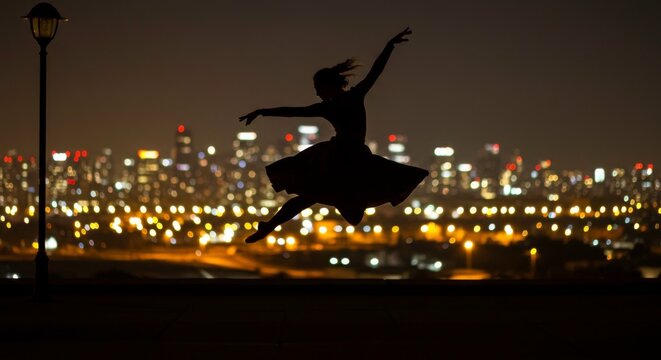 Silhouette of a female ballet dancer leaping against an urban nightscape backdrop