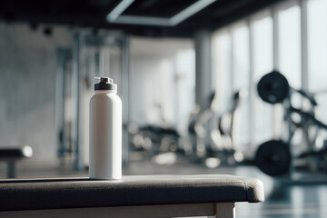 Plastic sports water bottle on a gym bench, blank label for logo, blurred fitness equipment background