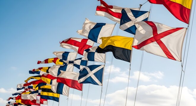 A vibrant display of international maritime signal flags waving against a clear blue sky with scattered clouds.